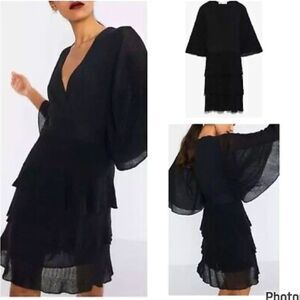 NWT Zara Kimono Sleeve Tiered Party Dress‎ Black Metallic New Years Size Medium